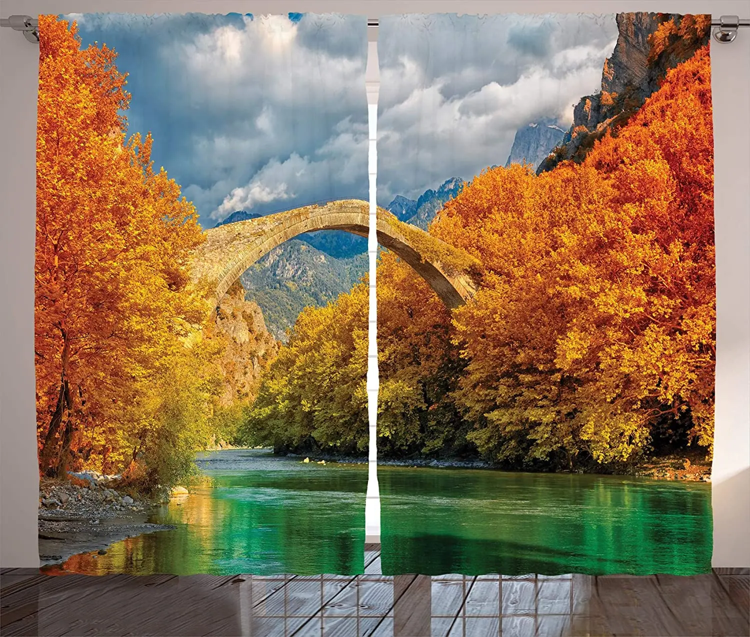 

Landscape Curtains Landscape with Historical Konitsa Bridge and Aoos River Autumn Trees Living Room Bedroom Window Drapes Orange