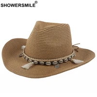 showersmile summer hats for women panama summer straw hat ladies sombrero shell decorate female uv protection fedora sun hat