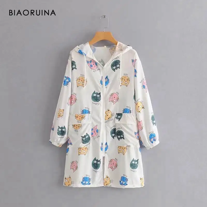 colorful BIAORUINA, Женский Тренч с мультяшным принтом, Повседневный, длинный, с капюшоном, женский, солнцезащитный, свободный, верхняя одежда, корейский стиль, модные пальто - Цвет: colorful