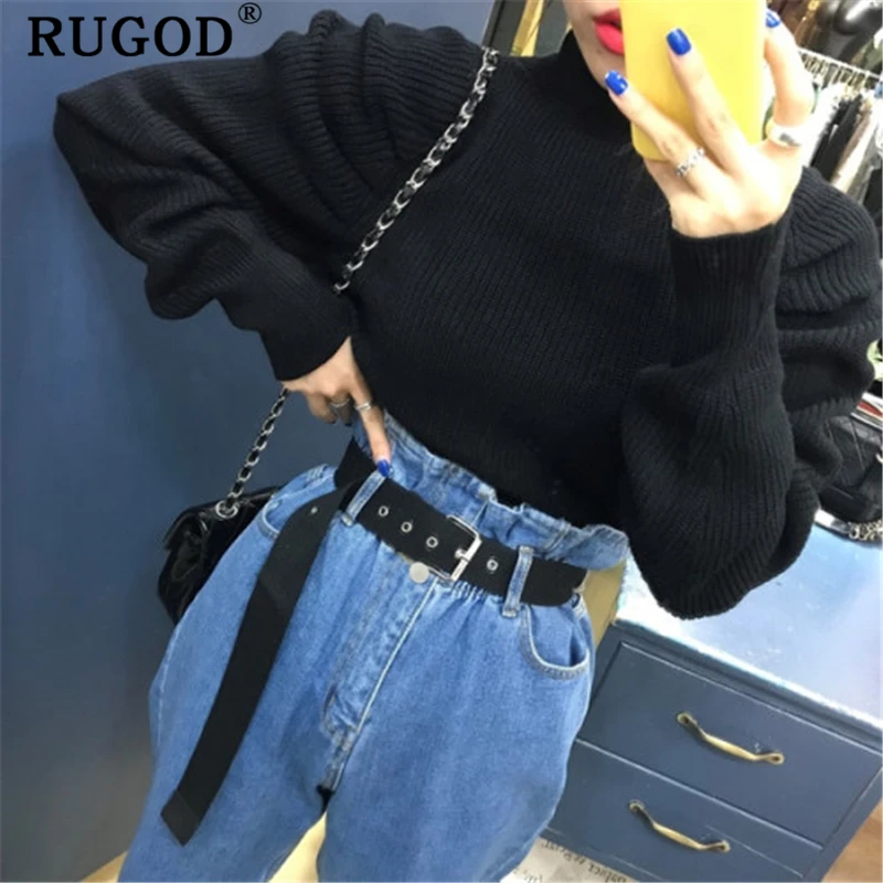 RUGOD винтажный однотонный вязаный женский свитер модный круглый вырез пышные