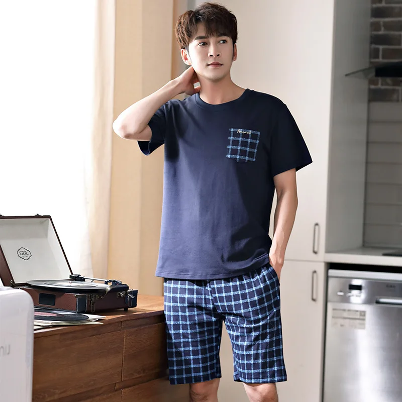 

New O-Neck Full Cotton Mens Summer Short Sleeve Shorts Pajamas Set Big Size L-4XL Sleepwear Leisure Suits Nightwear Men Pijamas