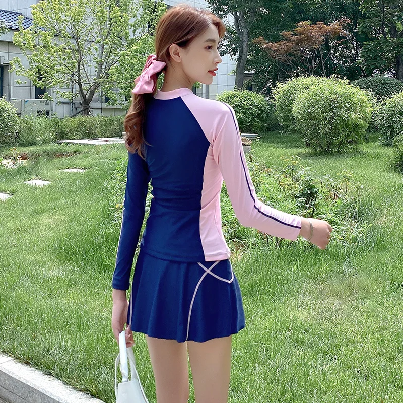 

Rash Guards Women 2 Pieces Long Sleeve Skirted Swimwear Surfing Bathing Suits Rashguard Wetsuits Swimsuit Patchwork