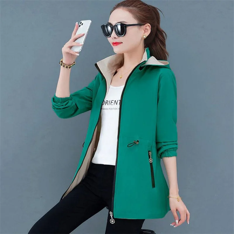 

Women's Trench Coat Double-sided Hooded Outwear Detachable hat Large size zipper Tunic Spring Autumn Feminine casual Windbreaker