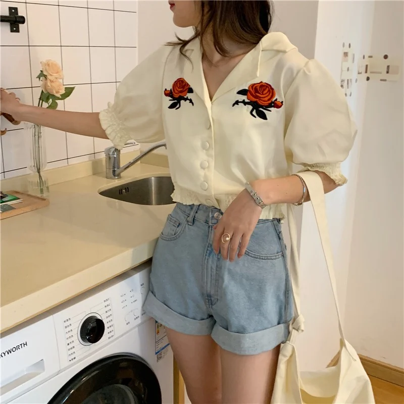 

Comelsexy Women New Chic 2021 Hot Blouse Floral Femme Gentle Short Shirts Office Lady High Waist Streetwear Summer Tops