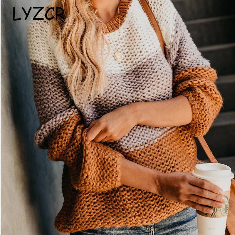 Свитер Patckwork пуловер женский зимний свободный Теплый Женский вязаный свитер