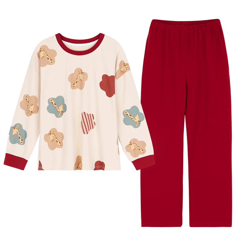 

BZEL Cartoon Cotton Women Pajamas Set Autumn Spring Pyjamas Loungewear Home Wear Soft Sweet Cute Pijama Round Neck Sleepwear 2PC