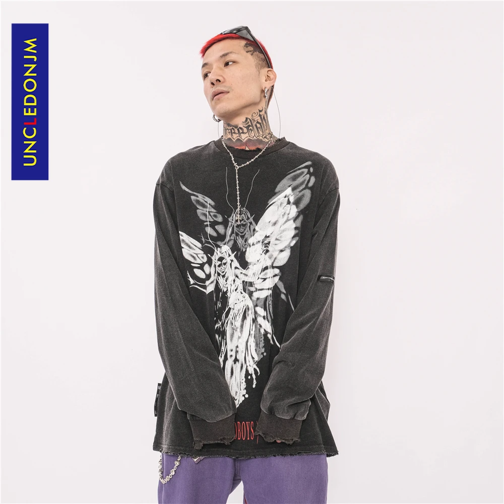 

UNCLEDONJM Graphic tees Damaged vintage Hip Hop Long sleeve t shirt oversized t shirt Streetwear Harajuku Summer Tees LSD15