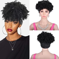 short high puff afro kinky curly drawstring ponytail with bang headwrap turban wig for black women african updo