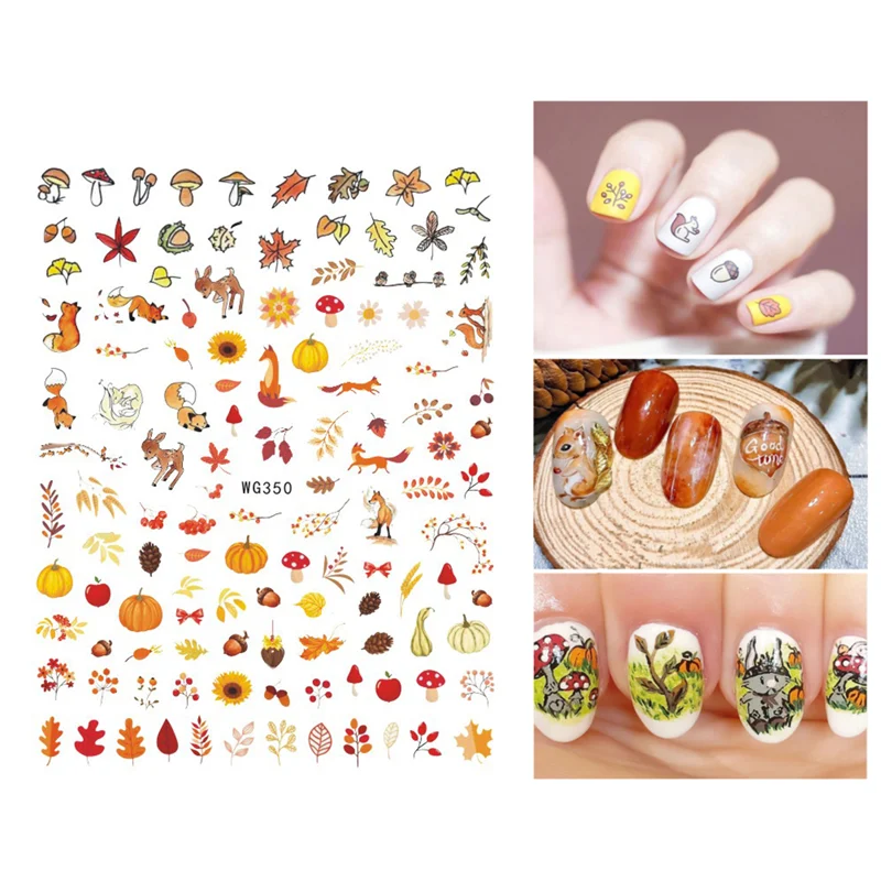 

10PCS Autumn/Winter Maple Leaf Flower Bow Nail Sticker Tree Fawn Fox Letter Pumpkin Pine Cone Designer Decorative Applique WG346