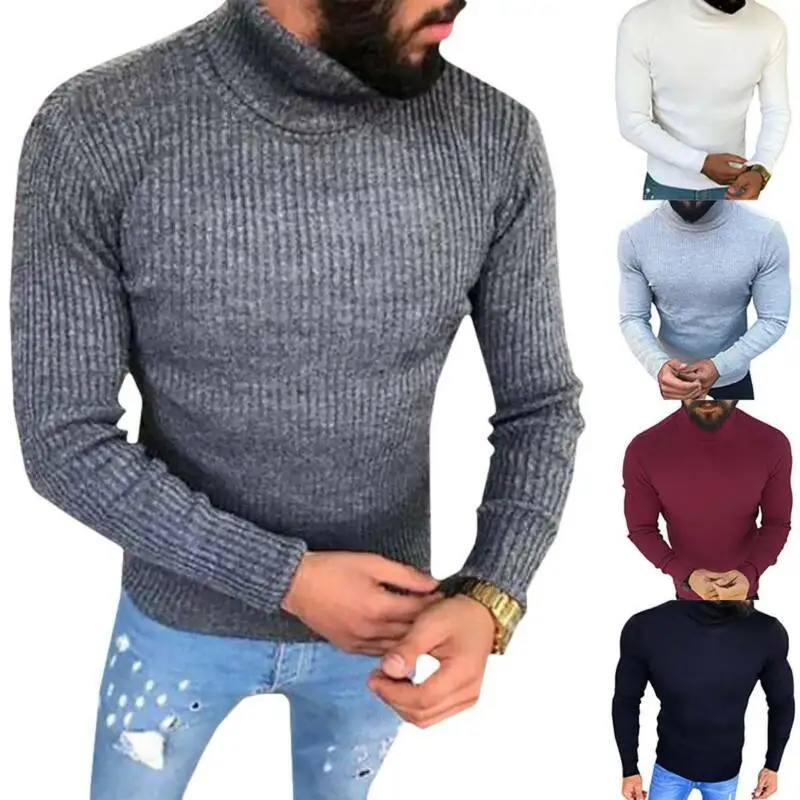 

Casual Men Turtleneck Ribbed Knitwear Sweater Winter Slim Fit Plain Jumper Tops