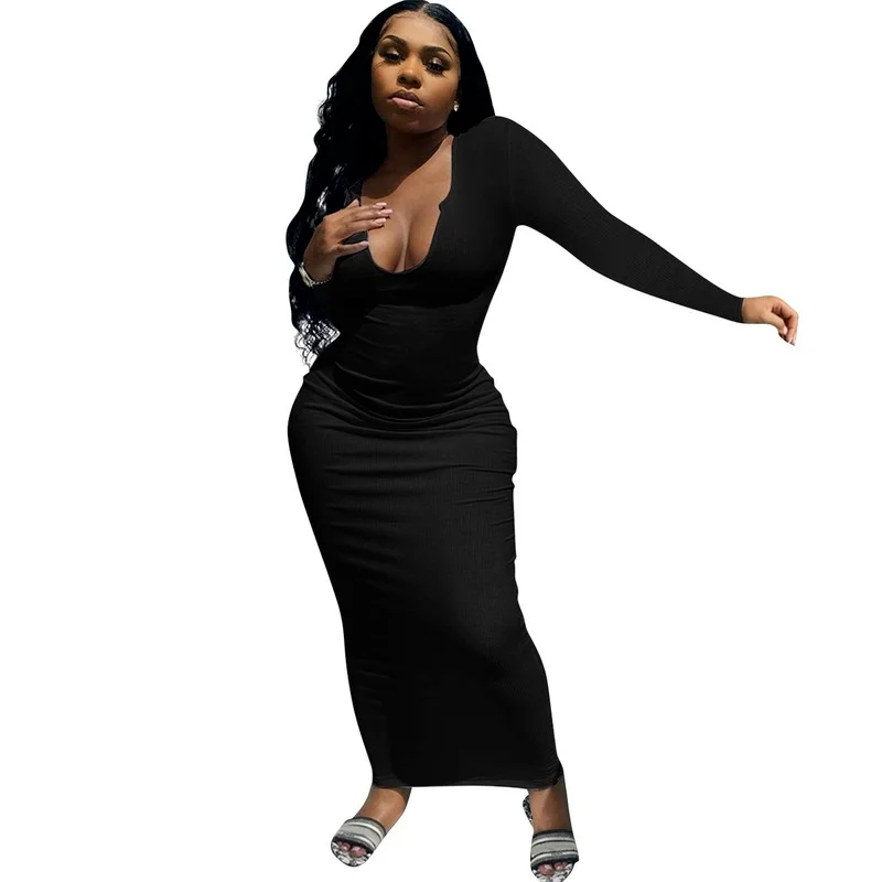 

Sexy Club Sheath Women's Dress Autumn Long Sleeve Female Dresses for Women 2021 V-Neck Solid Ankle-Length Bodycon Dress Woman