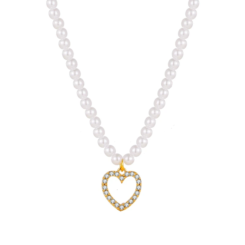 

KISS WIFE Vintage Pearl Choker Necklaces For Women Cute Crystal Heart Pendant Necklace Fashion Jewelry 2021 Trend Accessories