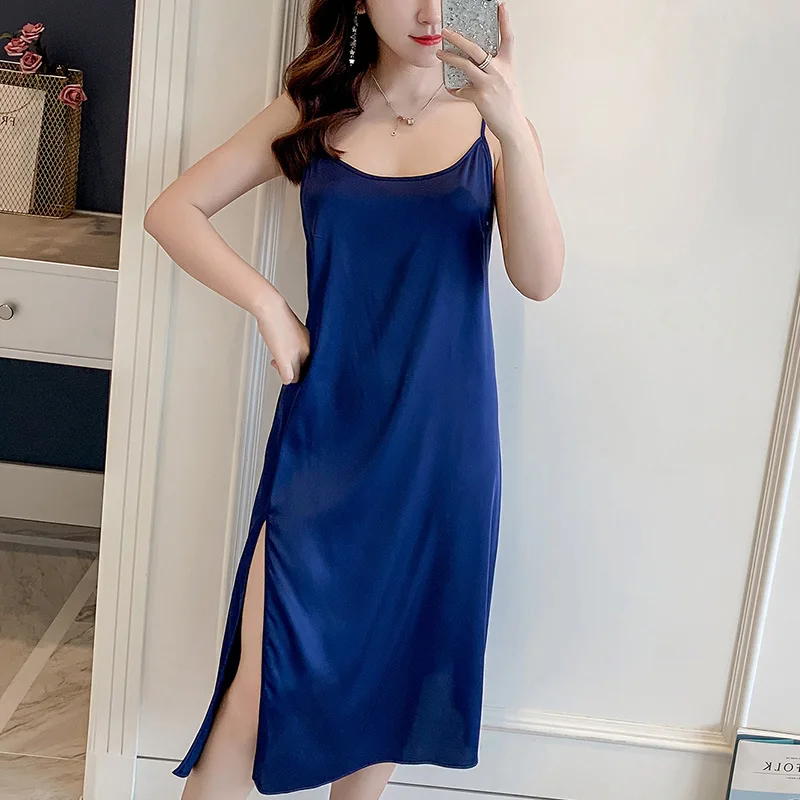 

New Ladies Sling Sexy Nightwear Swing Collar Imitation Silk Home Pajamas Casual Home Wear Suspender Nightdress