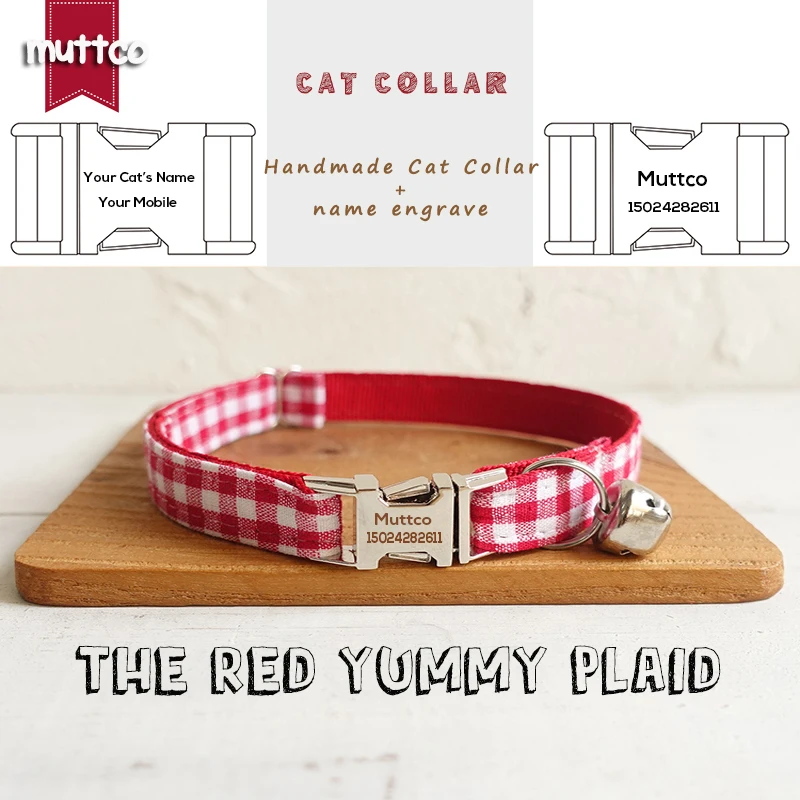 

MUTTCO retailing handmade engraved metal buckle cat collar THE RED YUMMY PLAID creative cat collars 2 sizes UCC047