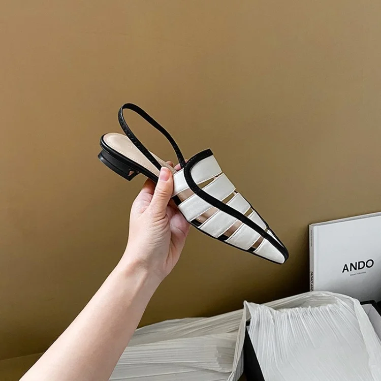 

Baotou sandals women's pointed fashion net red summer 2021 flat heel color matching soft leather hollow out foreign style off