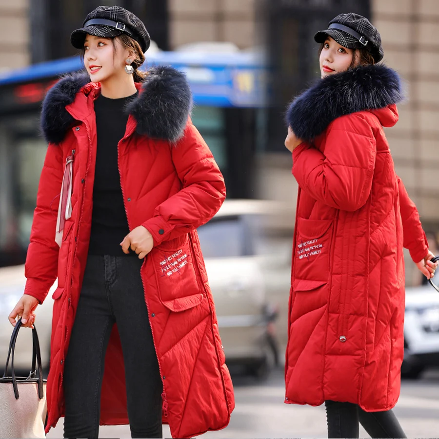 Red real fur Зимнее пальто женское теплое плотное хлопковое стеганое большого размера, натуральный мех воротник с капюшоном парка длинные женские зимние куртки верхняя одежда плюс размер - Цвет: Red real fur