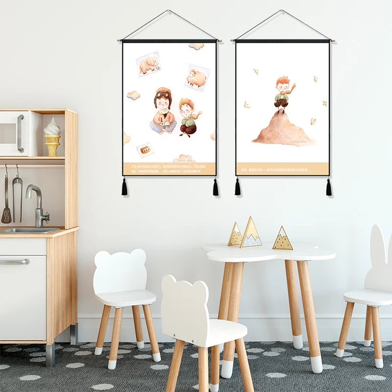 

Watercolor Little Prince Rose Fox King Cartoon Hanging Cloth Cotton Line Paintings Posters Home Decor Wall Hanging Tapestry Gift