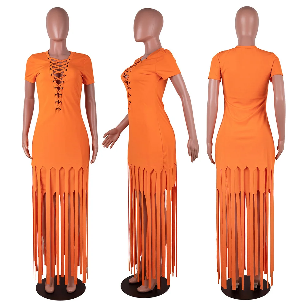 

Casual Maxi T Shirt Dress Women Summer Tassel Lace Up V-neck Elegant Streetwear Club Party Long Dresses Sundress Robe Femme