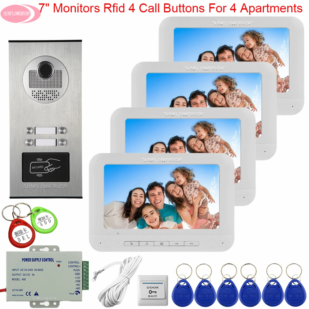7 Inchs Witte Kleur Deur Station Voor Video Intercom 4 Monitoren Video Deurtelefoon Video Intercoms Voor Een Prive Huis intercom Kit