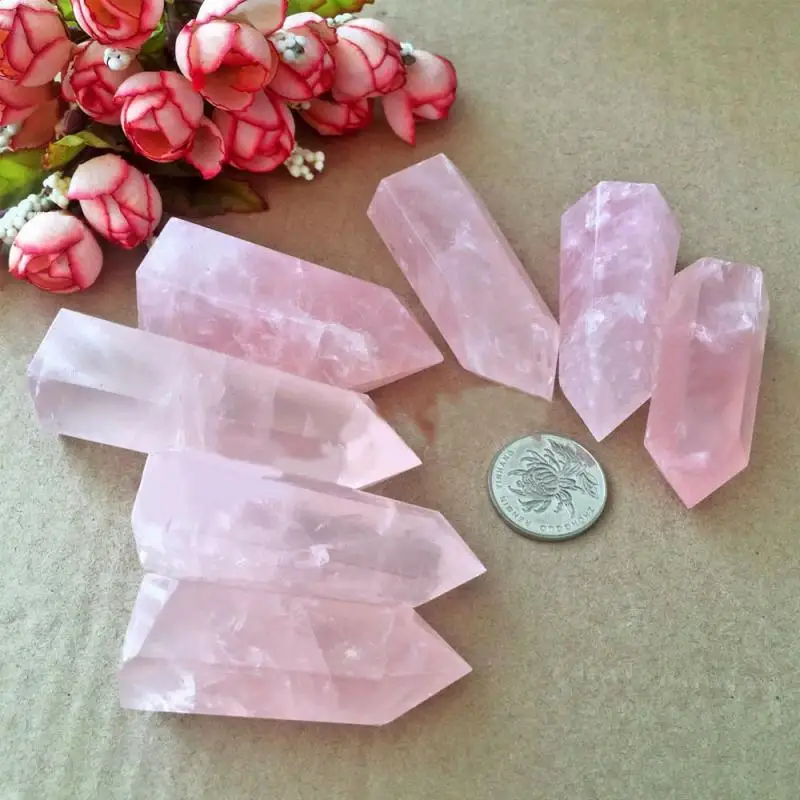 

1pcs Hexagonal Prism Natural Rock Pink Quartz Crystal Wand Point Healing Mineral Stone Collection DIY Home Decoration