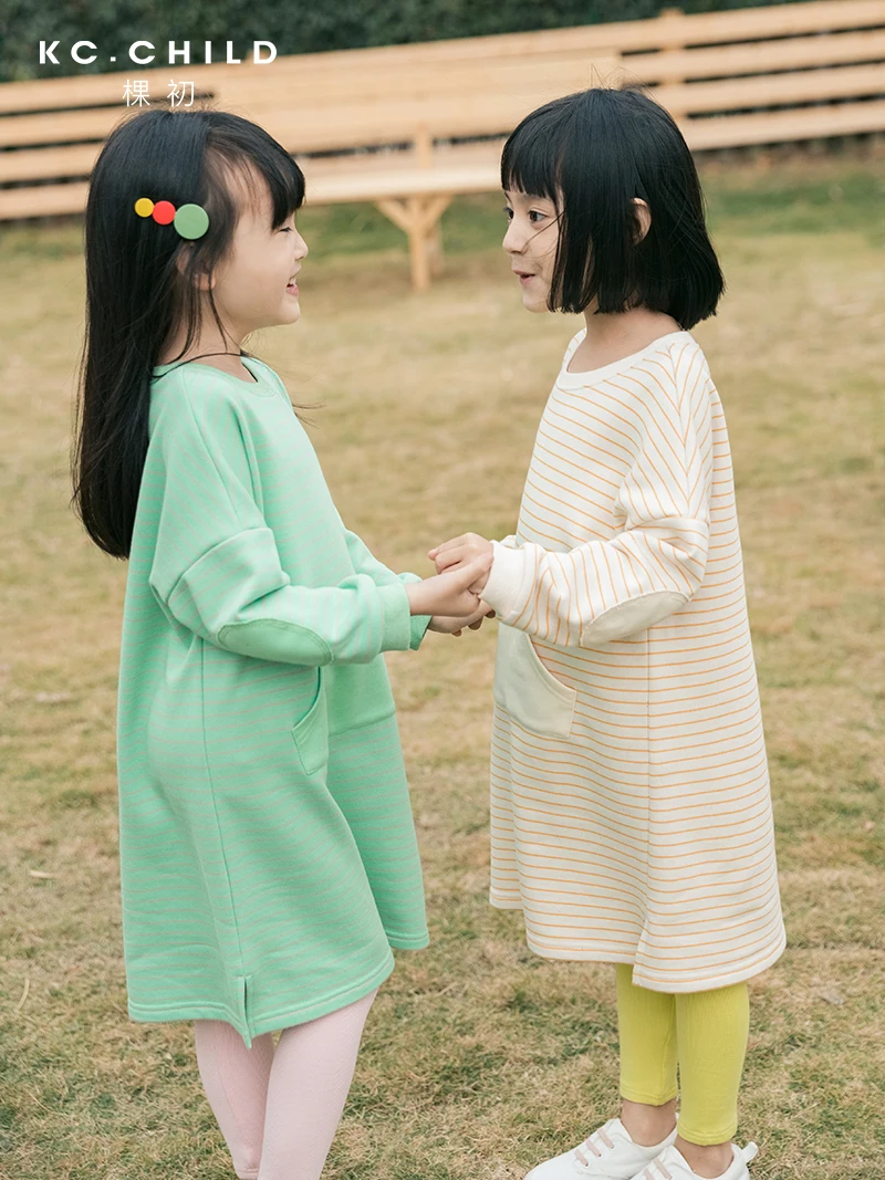 KC./детское хлопковое платье-свитер в полоску с карманом для девочек платье