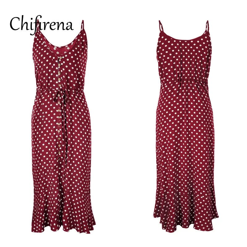 

Chifirena Vintage Summer Dress Women Polka Dot Camis Split Sexy Dresses Party Beach Sundress Draw String High Waist Vestidos