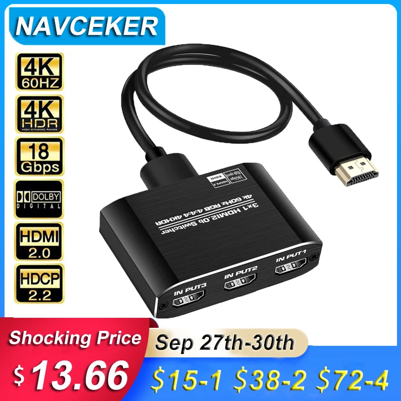 

Navceker 4K 60Hz Mini 3 Port HDMI Switch 2.0 4K Switcher HDMI Splitter 1080P HDR 3 in 1 out Port Hub for DVD HDTV Xbox PS3 PS4
