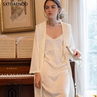 sxthaenoo vintage exquisite embroidery long sleeved nightgown suspender nightdress silk sexy home service 2pcs %d0%bf%d0%b8%d0%b6%d0%b0%d0%bc%d0%b0 pijamas