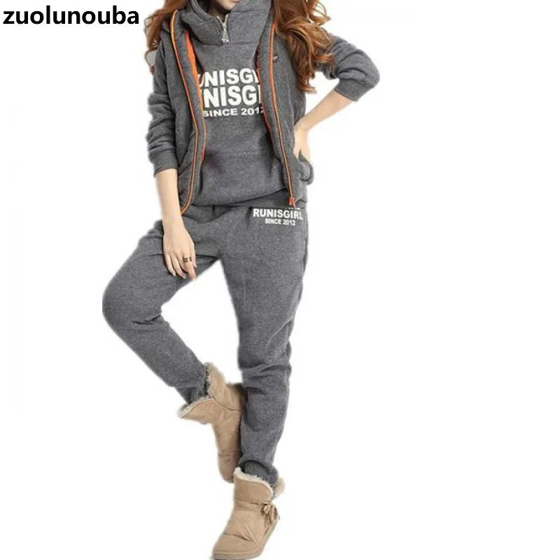 

2020 Autumn And Winter Casual Fashion Ladies Hoodie Suit Plus Velvet Thick Letter Printing Zipper Casual Women Three-piece Suit