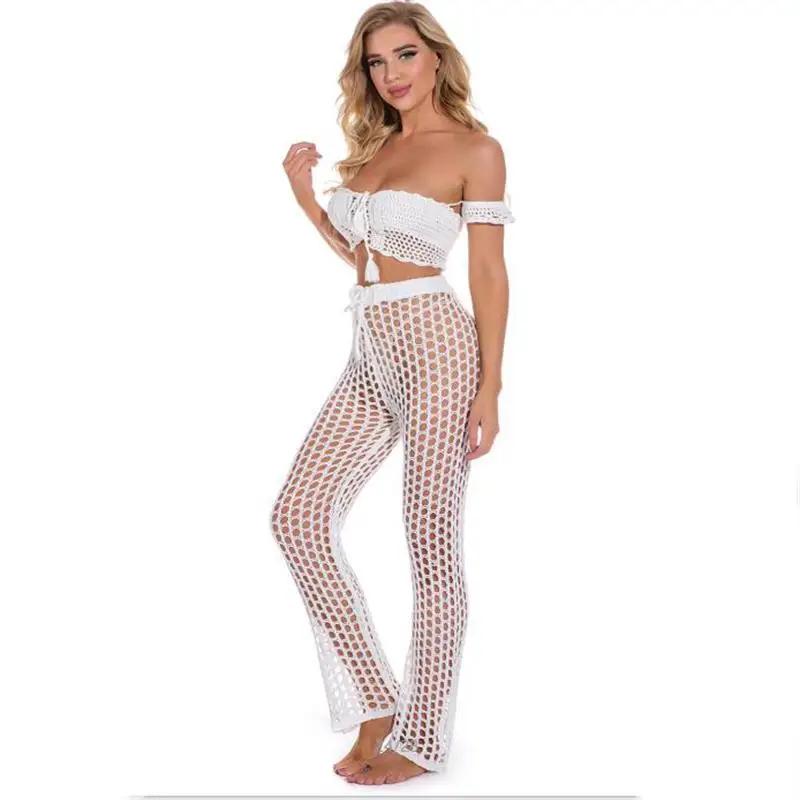 

Casual Hollow Color Matching Strappy Women's Trousers Knitted Sexy Beach Trousers Loose Wide-leg Hollow Bikini Trousers