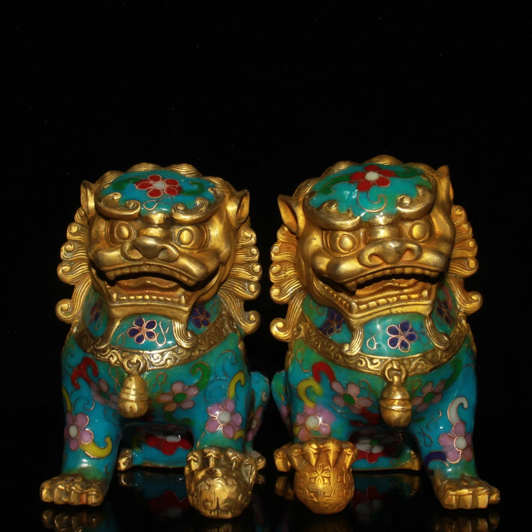 

5"Tibet Temple Collection Old Bronze Cloisonne Evil Door Fu Foo Dog Lion beast statue Pair door lion Gather fortune Town house