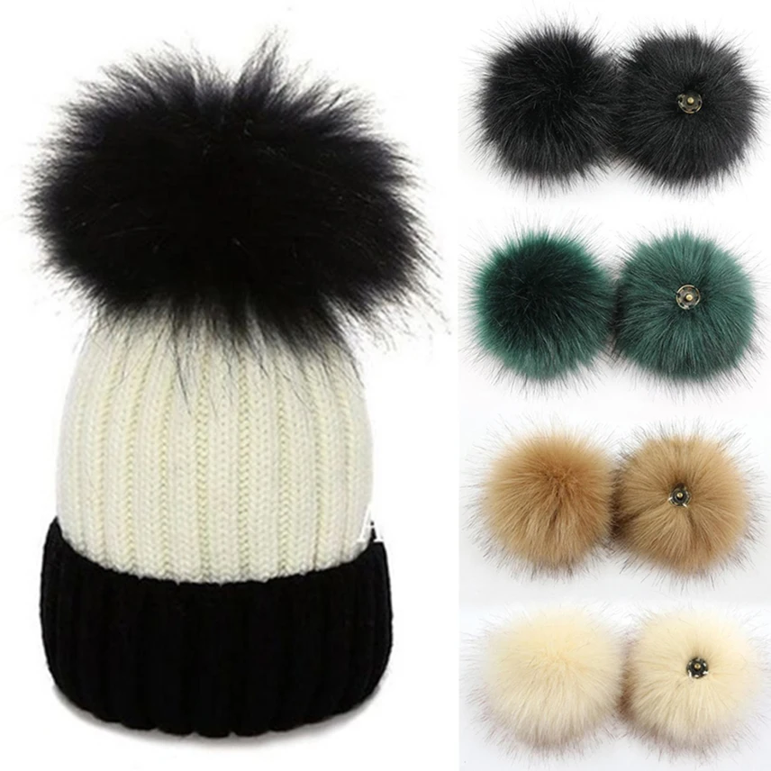 

2Pcs Faux Fox Fur Pom-Pom for Hats DIY Crafts Hairball Hat Ball Pompom for Handicrafts with Press Button Toys Accessories