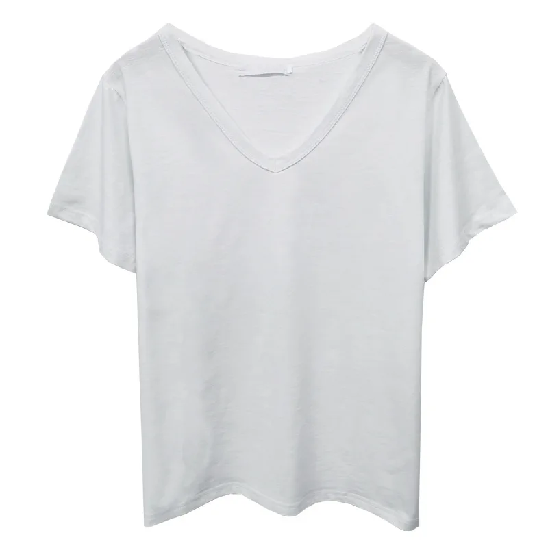 

Fashion Casual White Black Thin Cotton T Shirt Woman Loose Baggy Short Sleeve V-Neck Tops Summer Clothes For Women