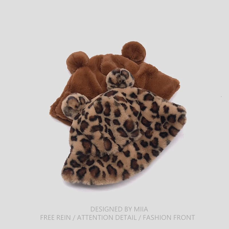 Japan autumn winter leopard fur bucket hat bear ear ball plush fisherman soft warm thick basin protection hats | Аксессуары для