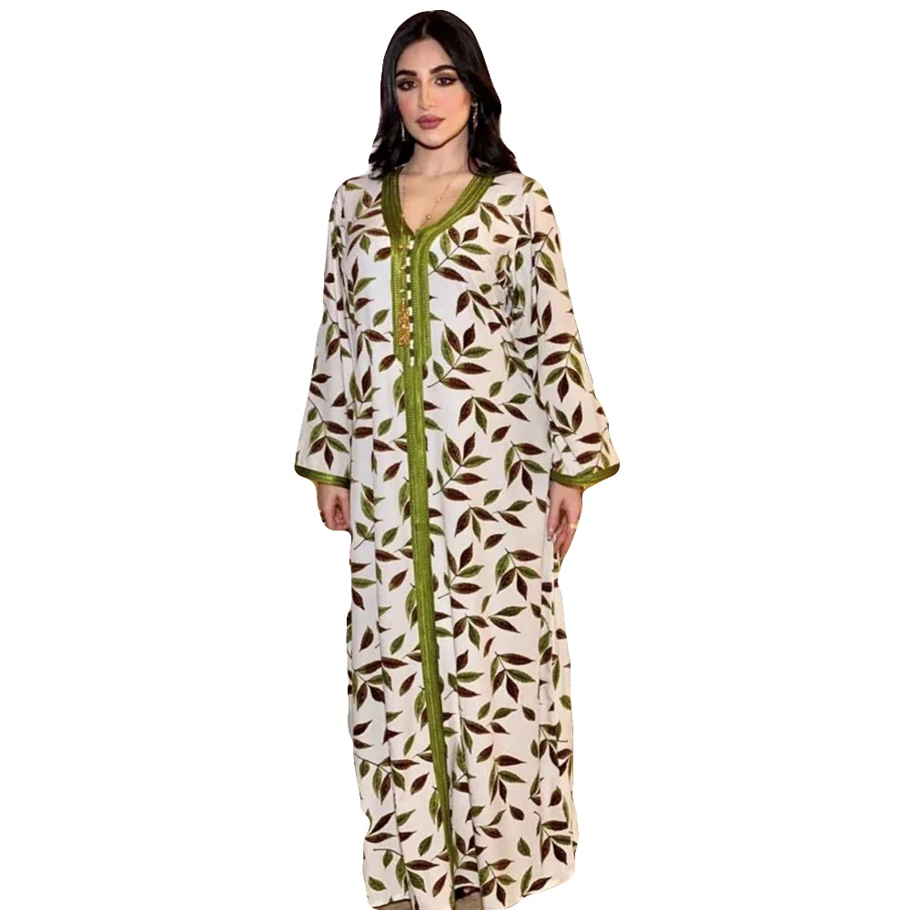 

Ramadan African Dresses For Women Abaya Dubai Muslim Ribbon V Neck Full Sleeve Leaves Print Maxi Dress Turkey Arabic Islam Robe
