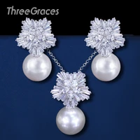 threegraces luxurious design white gold color zircon stone pearl drop pendant necklace and earrings jewelry sets for women js082