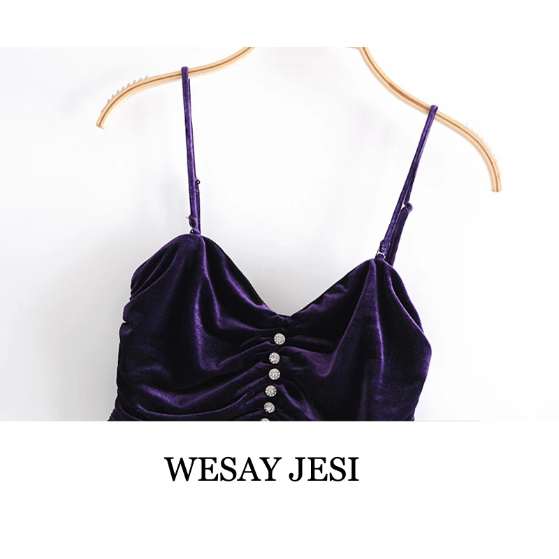 

WESAY JESI Women 2021 Sexy Fashion Pleated Velvet Cropped Tank Tops Vintage Back Elastic Removable Straps Female Camis Mujer