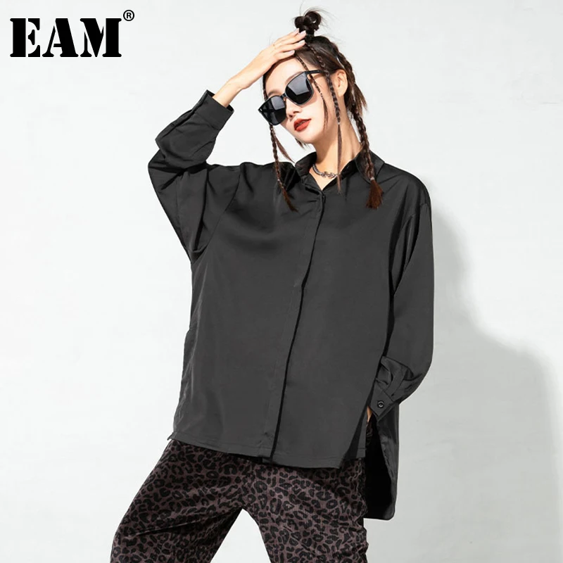 

[EAM] Женская Черная Короткая Повседневная блузка большого размера, новая свободная рубашка с отворотом и длинным рукавом, модная весенне-осе...