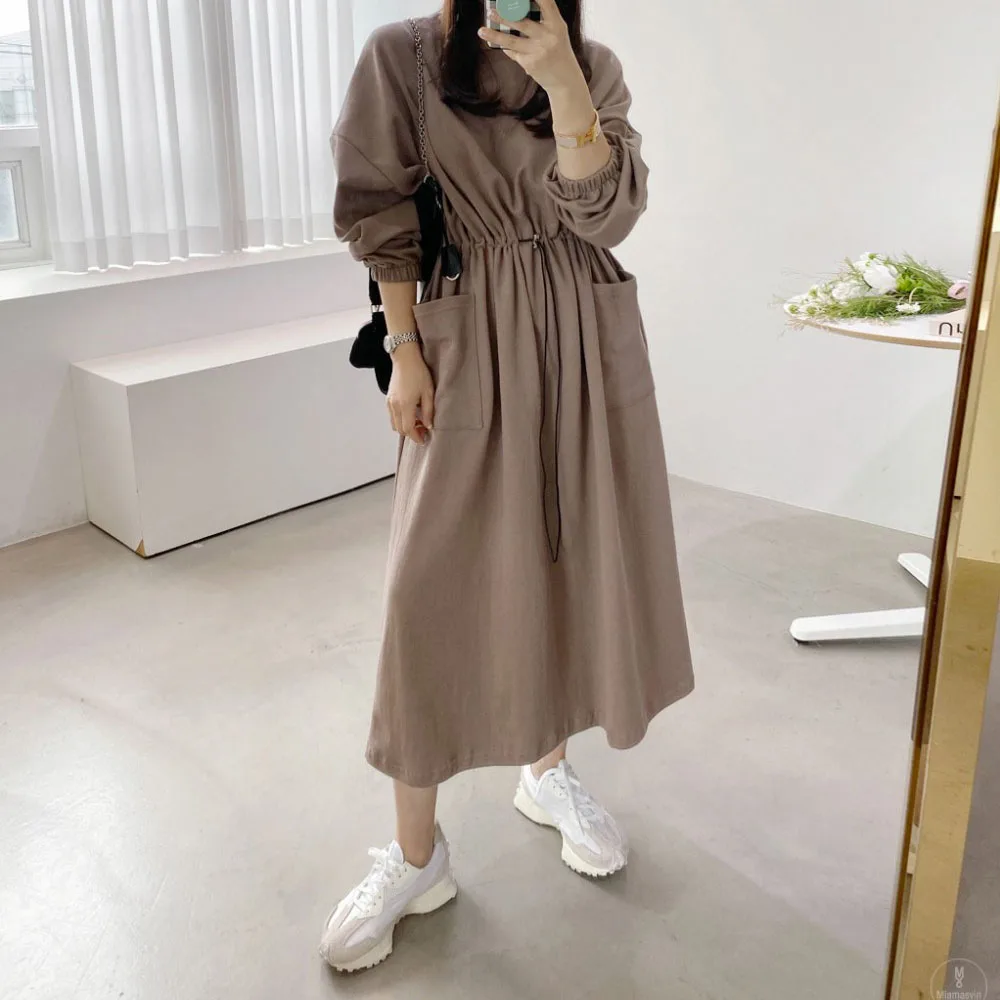 

Dress 2021 New Korean Round Neck Drawstring Waist Long Dress Solid Color Pocket Long Sleeve Fashion Casual Simplicity