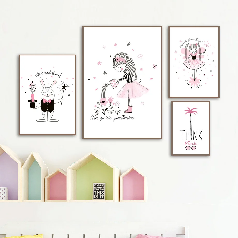 Настенная Картина на холсте Розовая фея девушка цветок волшебный кролик