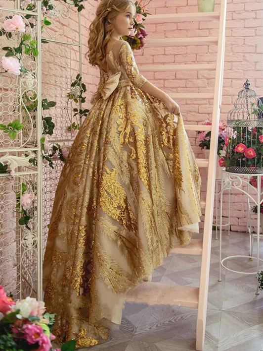 

Luxury Sparkly Sequined Flower Girl Dresses Jewel Neck Sweep Train Girls Pageant Dress Long Sleeve Kids Birthday Gown