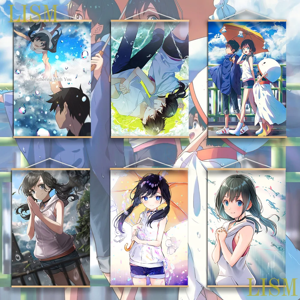 

Постер аманохина с надписью «Weathering with You», постер для домашнего декора, коллекционные художественные подарки, подвесной свиток из массива д...