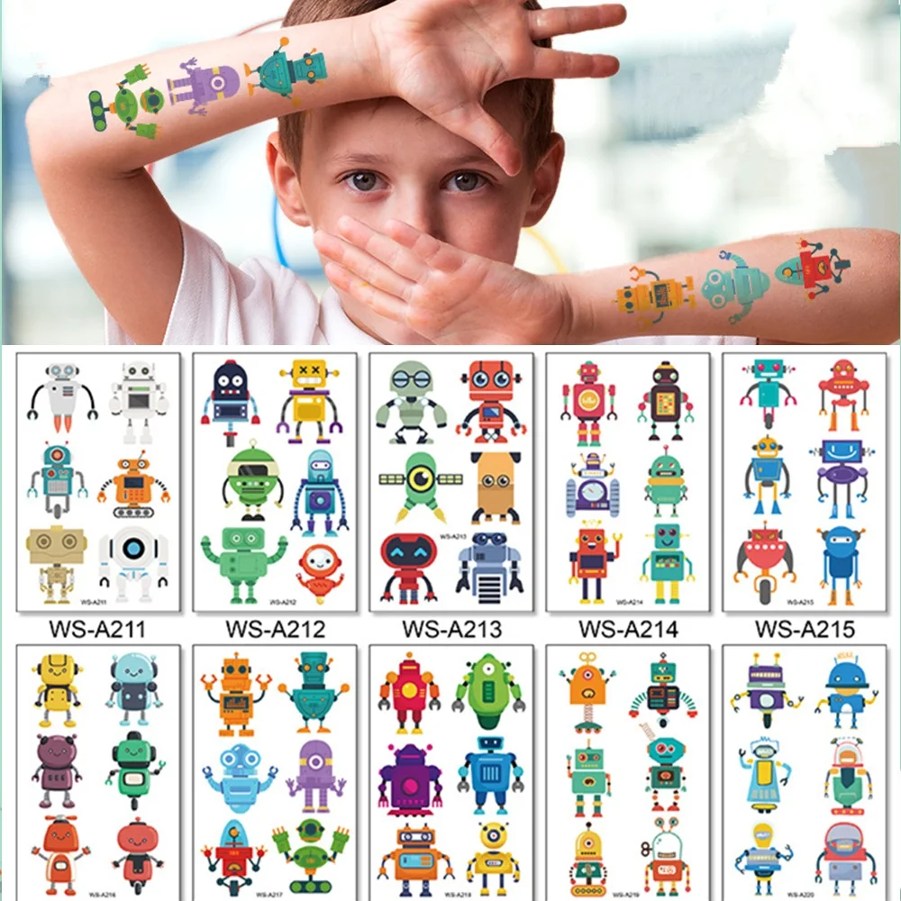 

10 Kinds Robot Tattoos Disposable Temporary Cute Cartoon Body Stickers Children Activity Makeup Waterproof