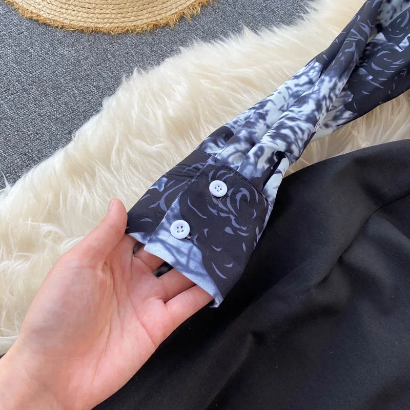 

Women's Autumn Tie-Dye Printed Shirt Dresses Long Sleeve Turn-down Collar Hollow-out Patchwork Mini Dress Female Vestidos GK472