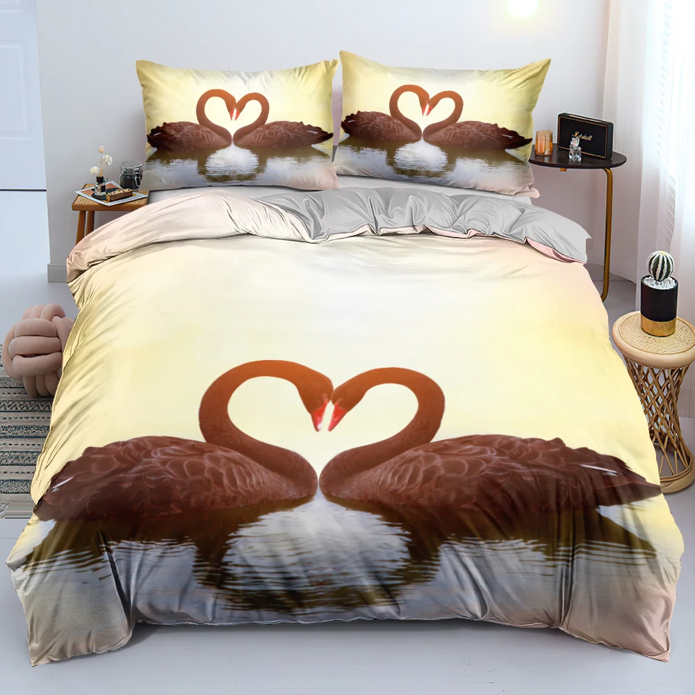 

3D Digital Sunset Swan Duvet Cover Set Easy-care Quilt/Blanket Cover Set Twin Double King Size Intense Color Luxury Bedding Set