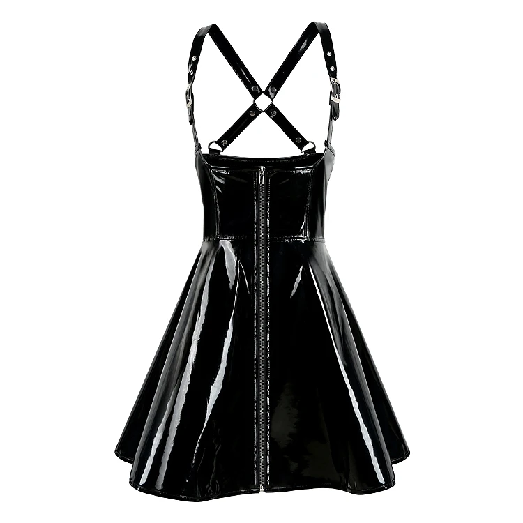 

Sexy Women Black PVC Suspender Dress Gothic Punk Ladies Zipper front Faux Leather Dresses Cocktail Nightclub Party Costume