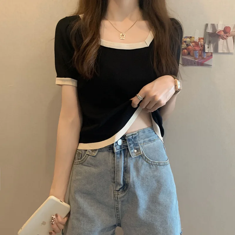

Quality Women Summer T Shirt 2021 New Slim Short Patchwork Korean Fashion Based Ice Silk Girls Knitted T-shirt Women Clothing
