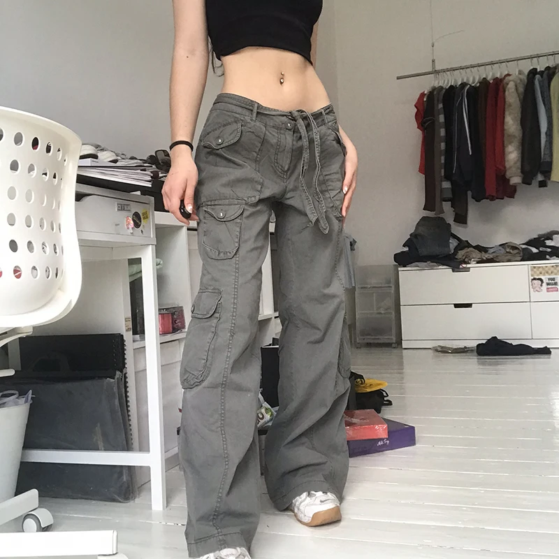 

Pockets Pathwork Low Waist Baggy Jeans Streetwear Women 90S Bright Line Grunge 90S Jeans Cargo Pants Wide Leg Harajuku