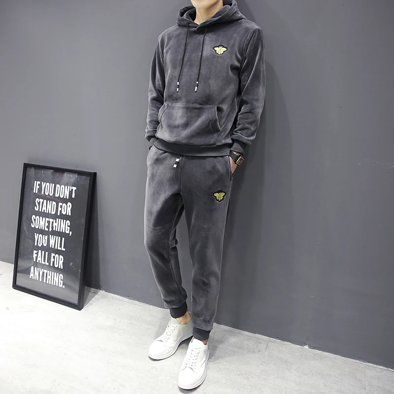 Мужской спортивный костюм новинка 2019 модный комплект плотный бархат зимний с