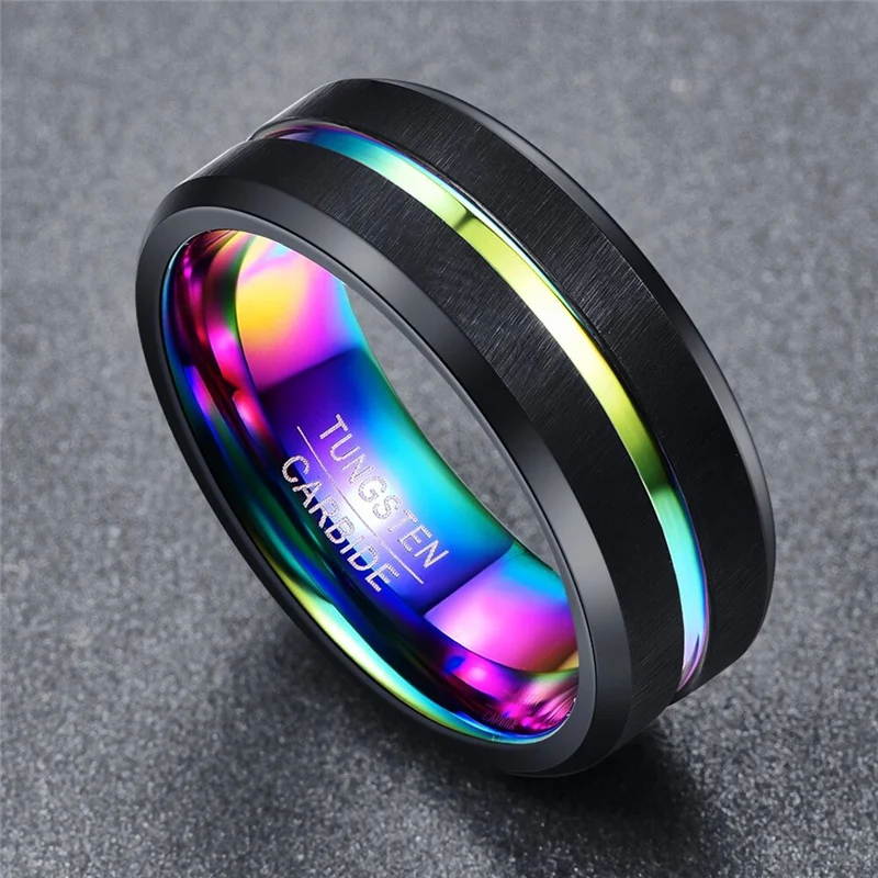 

8mm Unisex Ring For Men Charms Colorful Inside Plating Grooved Ring Engagement Wedding Women Jewelry